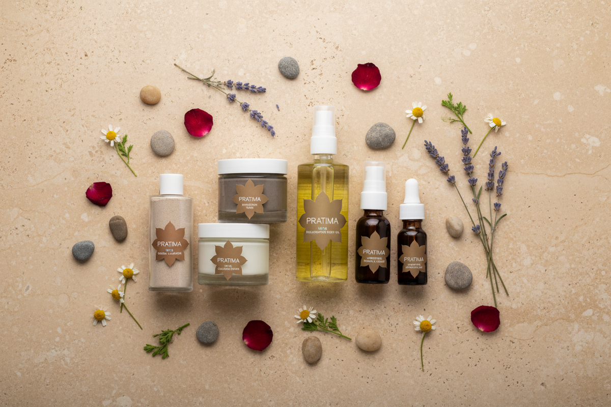 A flat-lay arrangement of five Pratima skincare products on a textured beige stone background, surrounded by decorative natural elements including lavender sprigs, small white daisies, red rose petals, and smooth gray stones. 